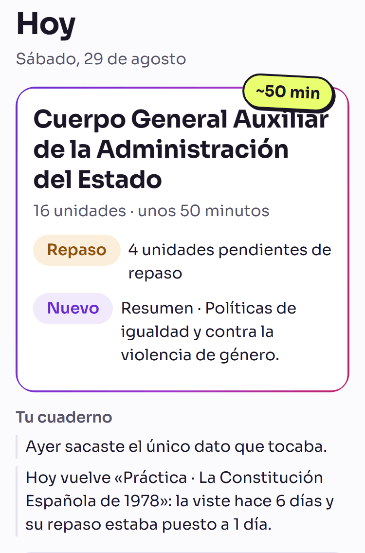 La pantalla Hoy de OpodemIA, tal cual se ve en la app: la sesión del día del Cuerpo General Auxiliar de la Administración del Estado, con su tiempo estimado, las unidades de repaso pendientes y la nueva del itinerario, y debajo el cuaderno del alumno explicando el porqué del repaso de hoy.
